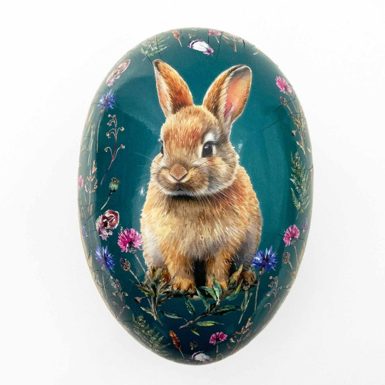 6" Bunny with Flowers on Teal Papier Mache Easter Egg Container ~ Germany